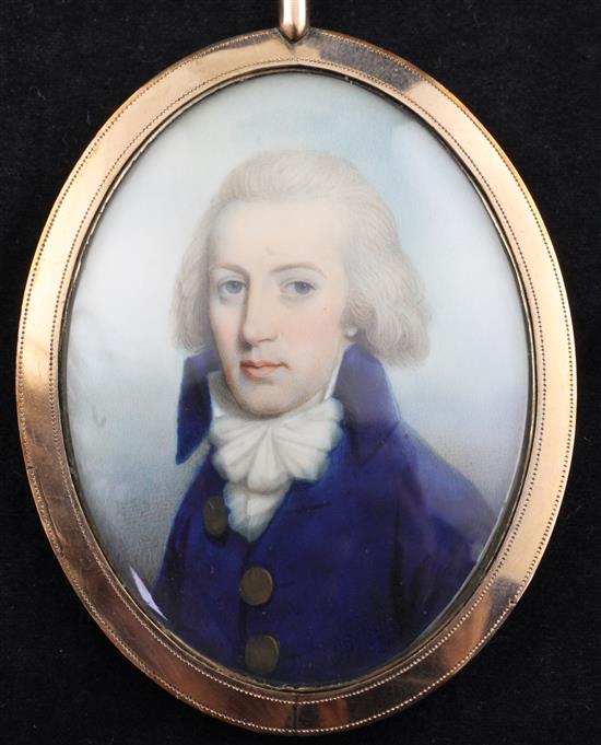 Thomas Hazlehurst (c.1740-c.1821) Miniature of a gentleman wearing a blue coat with large gold buttons 2.25 x 1.75in., gold frame